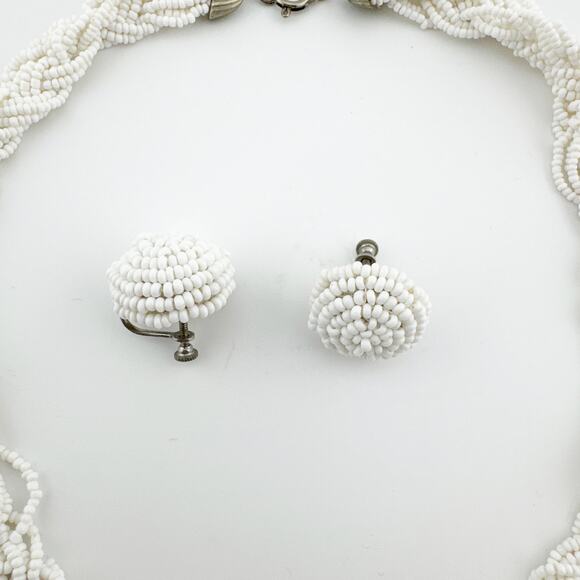 Vintage White Beaded Necklace Clip On Earring Set Braided Statement Jewelry - Picture 9 of 10